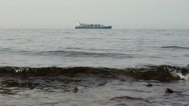 Navire Cargo Horizon Marin Tourné Avec Copyspace Vagues Premier Plan — Video
