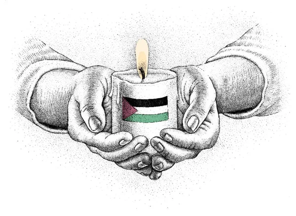 Palesztin Zászló Egy Égő Gyertyán Kézzel Rajzolt Illusztráció — Stock Vector