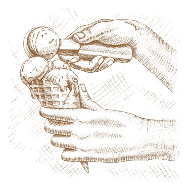 Elleri kaşıkla çizilmiş waffle külahında dondurma.