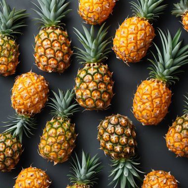 Ananaslar. Değişik boyutlarda ananasların kaotik bir sırayla bulunduğu siyah arkaplan