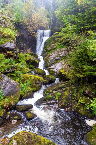 特里波格德国最美丽的非高山瀑布宏伟的高瀑布瀑布三堡 德国多雾的秋天 绿苔丛生的巨石 — 图库照片