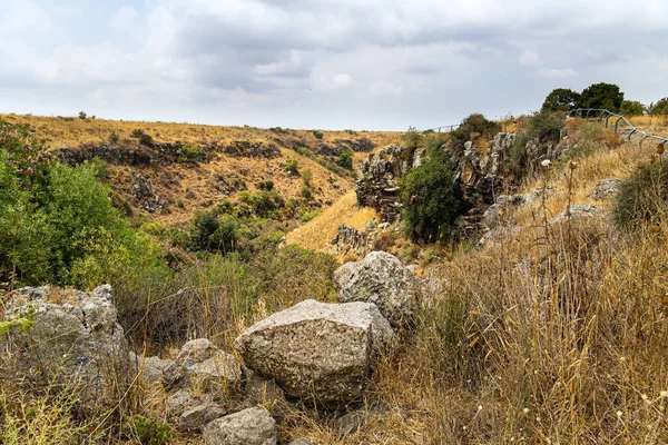 Deep Ravine Bed Dry Waterfall Golan Heights Dried Yellow Grass — Stock Photo, Image