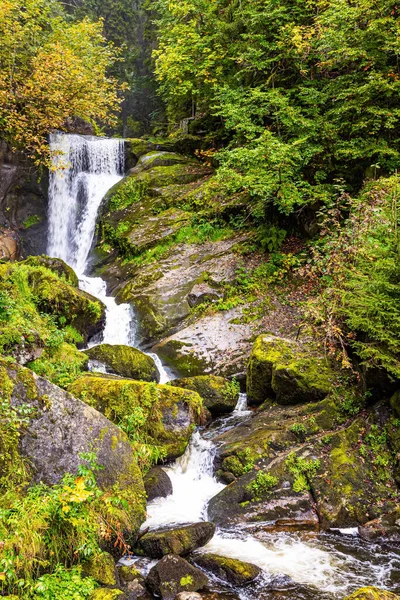 水的世界之旅 德国多雾的秋天 宏伟的高瀑布瀑布三堡 绿苔丛生的巨石 — 图库照片