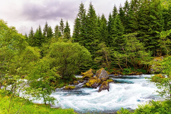 Bubbling Mountain Stream Cold Water Flowing Lake Bondhuswatnet Magnificent Norway — Stock Photo, Image