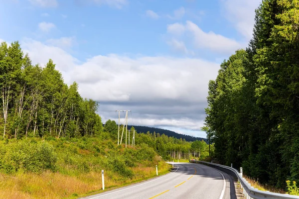神奇的夏日清晨这条公路沿着湖岸行驶 在挪威温暖的七月 成功的欧洲之行 — 图库照片