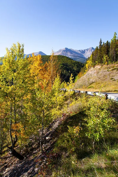 贾斯帕温泉的风景山路 美妙的秋日加拿大落基山脉的印度夏天 加斯帕公园的Miette温泉 — 图库照片
