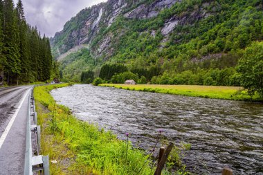 Batı Norveç 'in dağlarındaki manzara yolu. Buzul suyunun yeşil dünyası. İskandinavya. Yaz, Temmuz