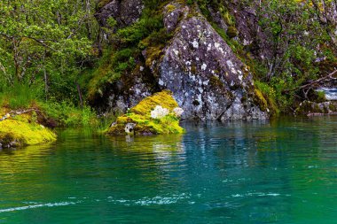 Görkemli dağlık Norveç. Yazın ortasında efsanevi kuzey ülkesine yolculuk. Yaz çimlerinin zümrüt yeşili. Resimli göl Bondhuswatnet. 