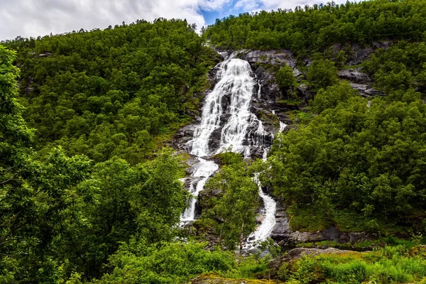 Huge Flesefossen Waterfall Vertical Rocky Waterfall Picturesque Road Norway Summer — Stock Photo, Image