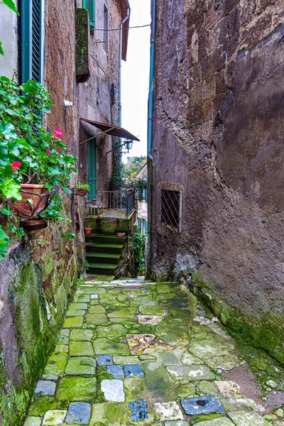 ソラノの絵のような凝灰岩の町の狭い通り トスカーナのエトルリアの町 木造の丘の上におとぎ話の石の要塞 イタリア — ストック写真