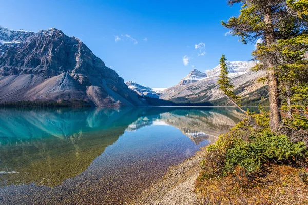冰湖鞠躬 清澈碧水 高山反映在平静的湖水中 秋天里阳光灿烂 加拿大落基山脉 — 图库照片
