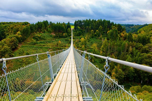 梅尔斯多夫溪谷上的一座风景如画的桥 德国Geierlay 电缆悬索桥 秋天里又冷又风 — 图库照片