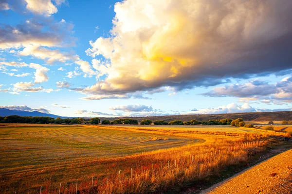 夕阳西下 奇景雷云闪烁着 无尽的阿根廷草原和著名的土路Ruta 草原长满了桔子草 — 图库照片