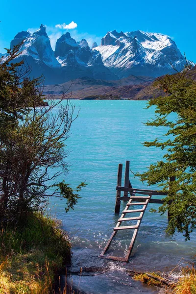 去智利旅行 巴塔哥尼亚安第斯山脉的Pehoe湖 风景如画 湖畔著名的白雪覆盖的洛斯奎尔诺斯悬崖 冰川融化带来明亮的蓝水的巨大湖泊 — 图库照片