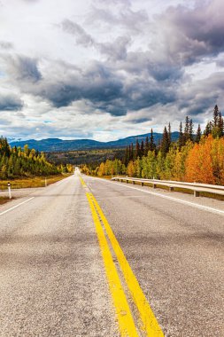 Alaska yolu. Muhteşem otoyol Pan-Amerikan otoyolunun bir parçasıdır. Kanada 'nın batısına sonbahar gezisi. Alçak fırtına bulutları gökyüzünü kaplıyor