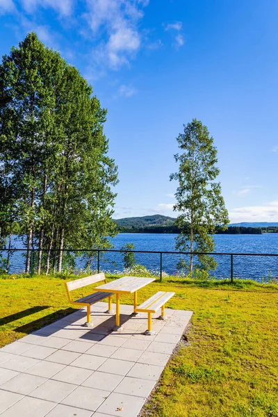 Picnic Table Benches Lake Cozy Corner Tourists Magical Summer Morning — Stock Photo, Image