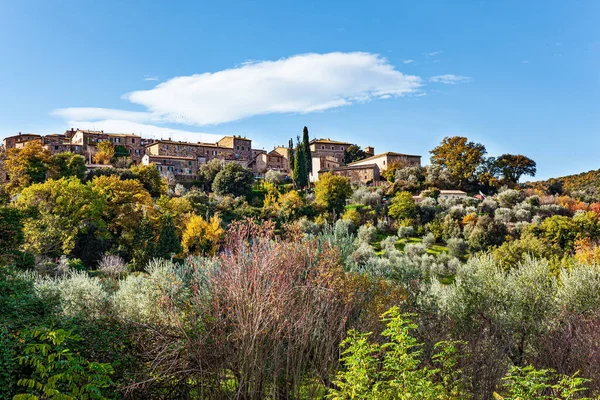 Pintoresco Pueblo Entre Cipreses Huertos Viñedos Mediodía Hermosa Toscana Colores —  Fotos de Stock
