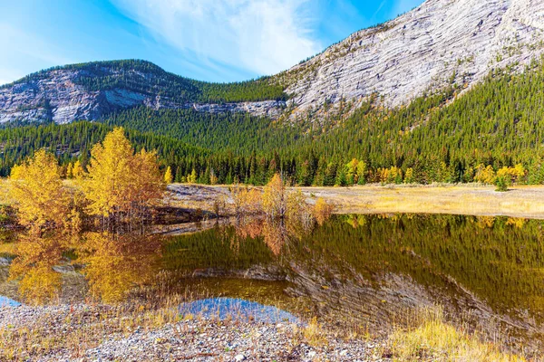 风景如画的亚伯拉罕湖 十月的晴天 加拿大 秋天树木的黄色和橙色的叶子反映在亚伯拉罕湖水的平缓中 — 图库照片