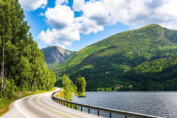 Magnificent scenic road to Roldal. Journey to Western Norway. Huge beautiful lake among the green flowering hills. Warm sunny July day