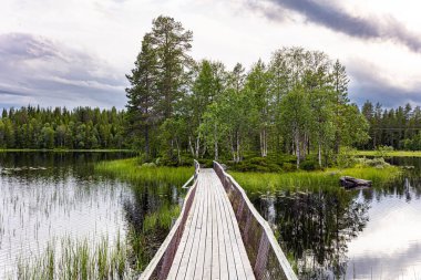 Muhteşem sessiz bir göl ve ortasında küçük bir ada. Adaya giden tahta bir köprü var. Kuzey Avrupa. Norveç 'e yaz gezisi. 