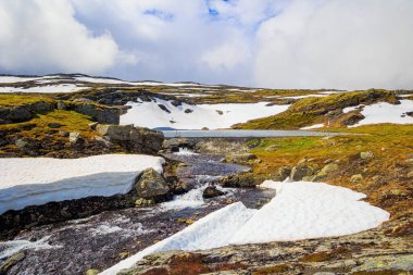 Huge cold snowfields and sharp stone placers. Cold July in Northern Europe. The cold water of the lake is covered with ice floes. Gorgeous 