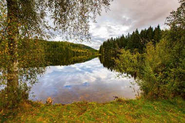 The lovely glacial lake Wingdfaller See. Germany, Schwarzwald. Clouds and coastal forest are picturesquely reflected in clear, smooth water. Cool autumn day