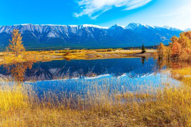 The artificial lake Abraham. Gorgeous Canadian autumn. Sunny day in October. Smooth water reflects the Rocky Mountains. 