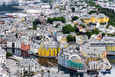 ALESUNN, NORWAY - JULY 10, 2022: Alesund is a city on the west coast of Norway. Picturesque city built in Art Nouveau style, tourist center