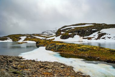 The cold water of the lake is covered with ice floes. Huge cold snowfields and sharp stone placers. Cold July in Northern Europe. Gorgeous 