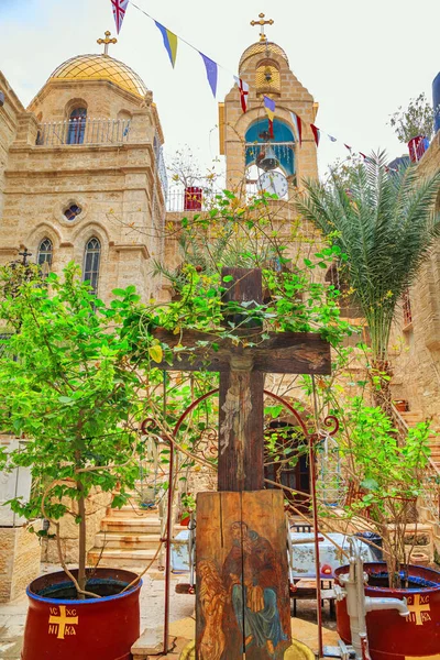 Small courtyard of the monastery. Monastery of St. Gerasim of Jordan. The male monastery of the Jerusalem Orthodox Church in the Judean Desert, near the Dead Sea.