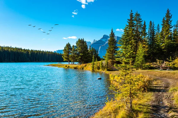 Autumn Indian Summer in Canada. Travel to Canada. Magnificent Banff Park, the famous Rocky Mountains, Two Jack Lake. Huge glacial lake reflects the sun and clouds
