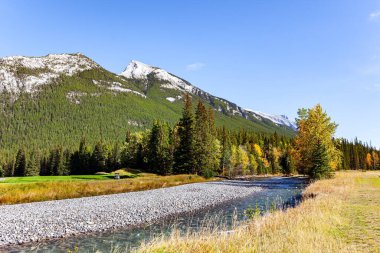 Kıçı çakıllı sığ bir akıntı. Kanada 'nın Rocky Dağları. Rundle ve Cascade Dağları 'nın eteklerindeki golf sahaları. Sonbahar Hindistan yazında güneşli bir gün.. 