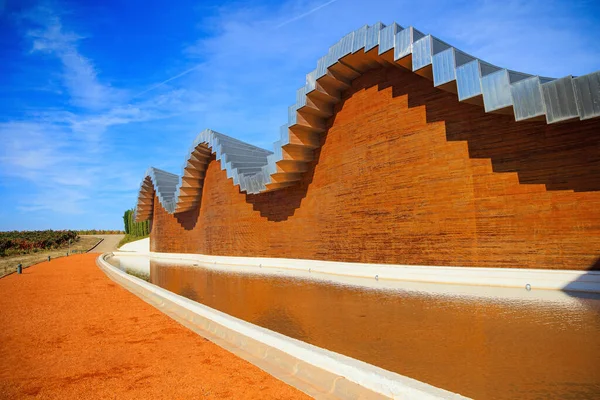 Wave Shaped Winery Roof Fragment Facade Reflected Pool Winery Bodega — Stock Photo, Image