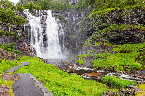 Colossal Seething Roaring Waterfall Skjervefossen Rainy Summer Day Mountains Norway — Stock Photo, Image