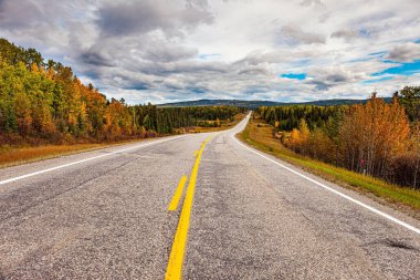 Alaska yolu. Muhteşem otoyol Pan-Amerikan otoyolunun bir parçasıdır. Kanada 'nın batısına sonbahar gezisi. Alçak fırtına bulutları gökyüzünü kaplıyor. 