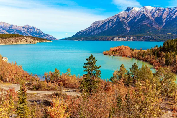 This artificial Abraham lake. Gorgeous turquoise color of glacial lake water. Canadian autumn at Abraham Lake. Picturesque autumn landscape. Rocky Mountains of Canada