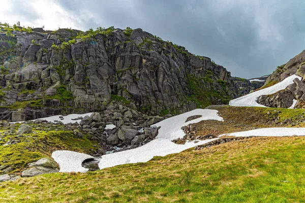 Large Snowfields Remained Lowlands Cold Summer Norway Traveling Camper Road — Stock Photo, Image