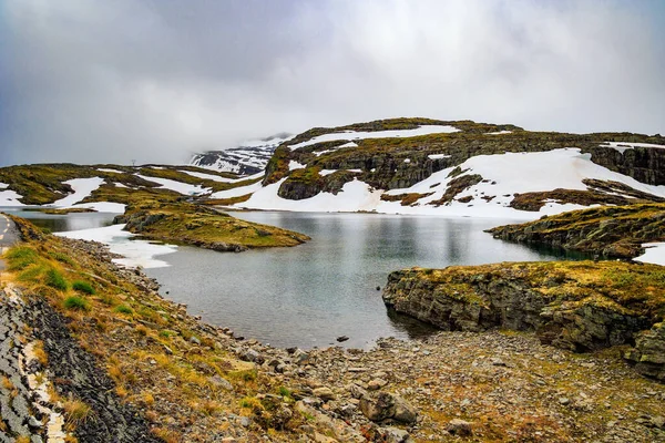 Wspaniała Śnieżna Droga Norwegii Zimna Woda Jeziora Pokryta Jest Kranami — Zdjęcie stockowe