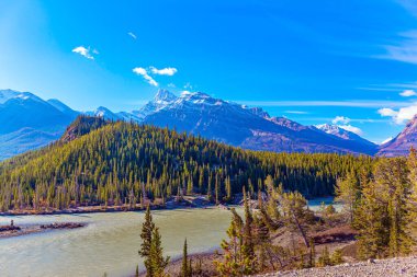  Kanada 'nın Rocky Dağları. Kar ve buzullarla kaplı dağ zirveleri. Bu yapay Abraham gölü. Gölü çevreleyen yoğun yeşil ormanlar