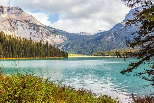 Sunny Cold Day Rocky Mountains Magnificent Emerald Lake Coniferous Forest — Stock Photo, Image