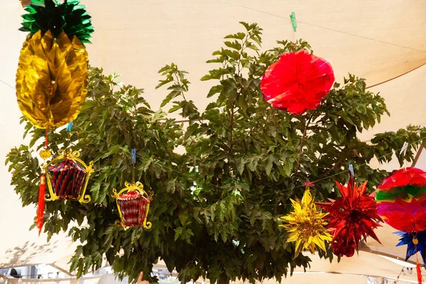 Γιορτινά Διακοσμημένο Ταβάνι Προεορταστικό Παζάρι Για Την Πώληση Τελετουργικών Φυτών — Φωτογραφία Αρχείου