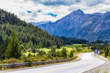 Ruta 40. Yol resimli manzaraların içinden geçiyor. Arjantin. Ormanlar ve dağlar ünlü 40. otoyolun etrafını sarar. Güney Amerika 'ya seyahat. 