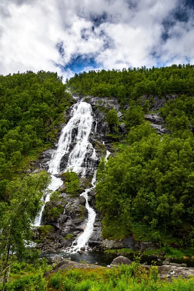Vertical Rocky Waterfall Flesefossen Most Picturesque Road Norway Summer Trip — Stock Photo, Image