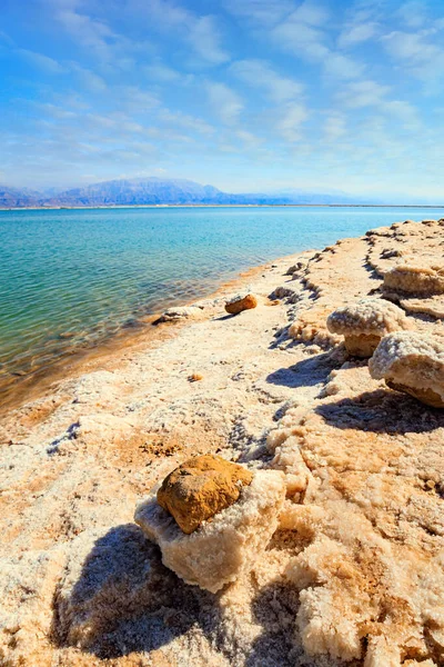 蒸発した塩は水の表面に結晶を形成する Dead Sea 中東の非常に塩辛い湖です イスラエルの海岸 — ストック写真