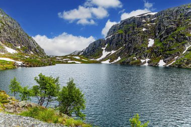 Büyük kar tarlaları gölün suyuna yansıyor. Geçen yılın kar ve mavi gökyüzü. Norveç 'te soğuk bir yaz. 520 nolu yolda karavanla seyahat ediyoruz.. 