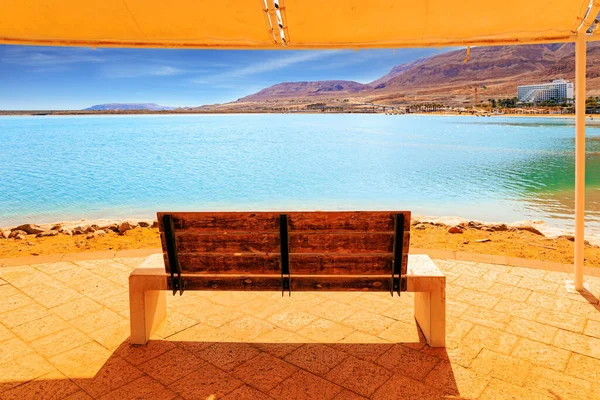 Romantic Bench Dead Sea Picturesque Gallery Seashore Coast Israel Drainless — Stock Photo, Image