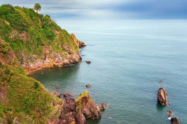Dik kayalık okyanus kıyısı. Kandalar. Ünlü Costa Verde plajının bir parçası. Atlantik kıyısı, İspanya. Hafif sonbahar havası. İspanya 'ya romantik bir gezi. 