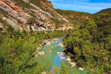Gallego nehri geçitten akar. Riglos 'un muhteşem tokmakları. Güzel kayalar, Pireneler 'in eteklerinin bir parçası. İspanya 'ya romantik bir gezi. Aragon. 