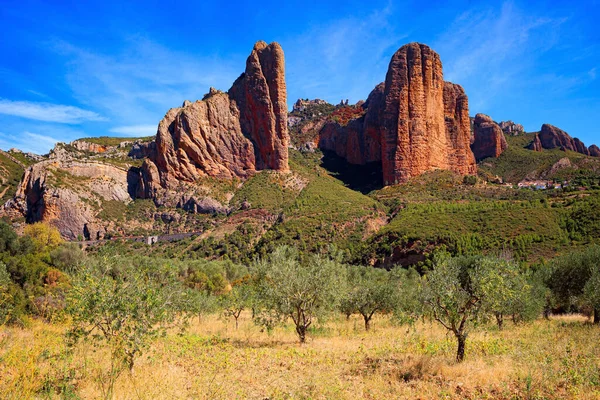 Mallets Riglos Conglomerate Rock Formations Young Olive Grove Incredibly Beautiful — Stockfoto