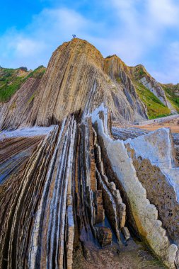 Sinek, sular çekildiğinde ortaya çıkan su altı kayalarının benzersiz manzarası. Büyülü, eşsiz bir manzara. Bask bölgesinin en sıradışı plajı, Itsurun.. 